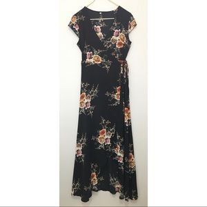 Black Floral Wrap Dress with Waist Tie, size Large
